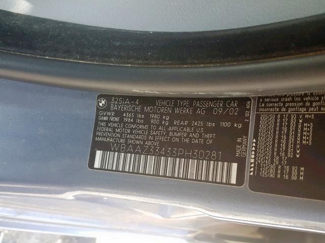 WBAAZ33433PH30281 - 2003 BMW 3 SERIES BLUE photo 10