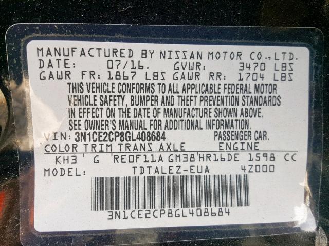 3N1CE2CP8GL408684 - 2016 NISSAN VERSA NOTE BLACK photo 10