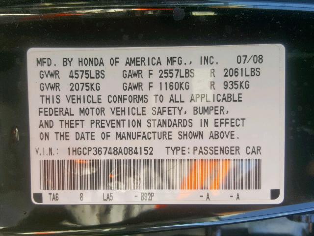 1HGCP36748A084152 - 2008 HONDA ACCORD BLACK photo 10