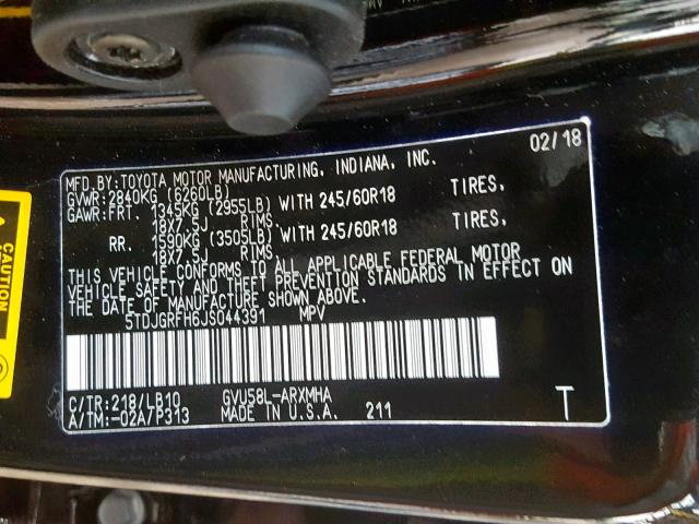 5TDJGRFH6JS044391 - 2018 TOYOTA HIGHLANDER BLACK photo 10