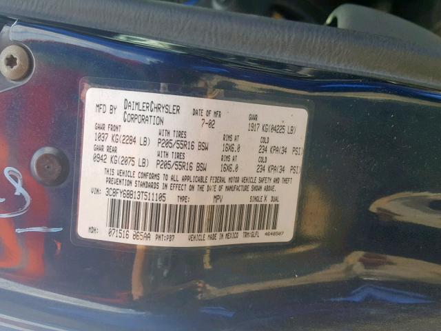 3C4FY58B53T598339 - 2003 CHRYSLER PT CRUISER BLUE photo 10