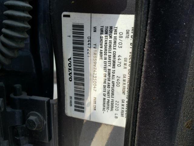 YV1RS59V742350047 - 2004 VOLVO S60 2.5T GRAY photo 10