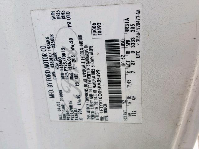 1FTYR10D05PA85499 - 2005 FORD RANGER WHITE photo 10