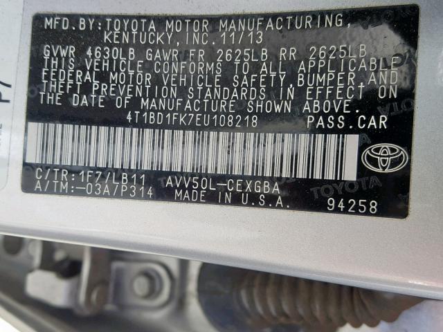 4T1BD1FK7EU108218 - 2014 TOYOTA CAMRY HYBR SILVER photo 10