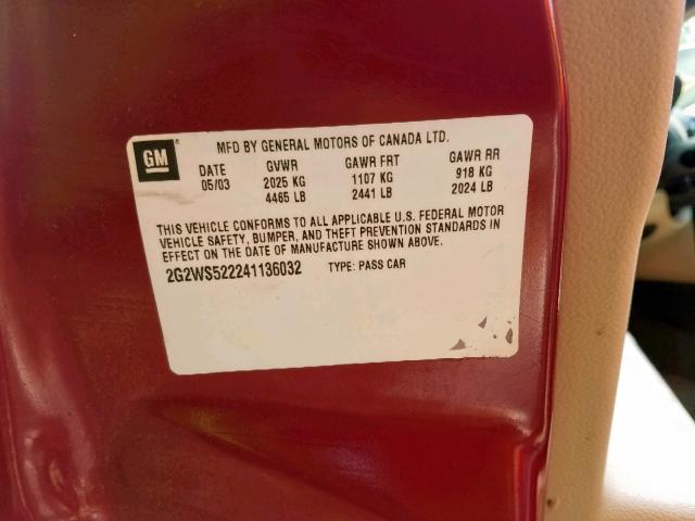 2G2WS522241136032 - 2004 PONTIAC GRAND PRIX MAROON photo 10