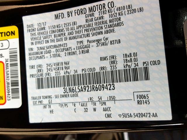 3LN6L5A92JR609423 - 2018 LINCOLN MKZ PREMIE BLACK photo 10