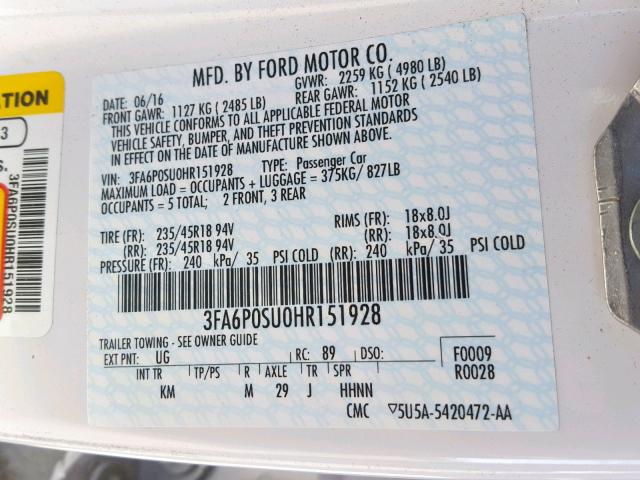 3FA6P0SU0HR151928 - 2017 FORD FUSION TIT WHITE photo 10