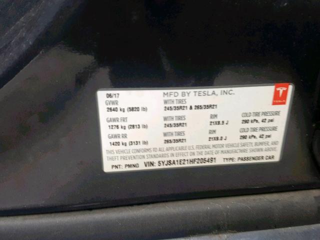 5YJSA1E21HF205491 - 2017 TESLA MODEL S GRAY photo 10