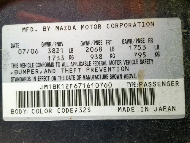 JM1BK12F671610760 - 2007 MAZDA 3 I SILVER photo 10