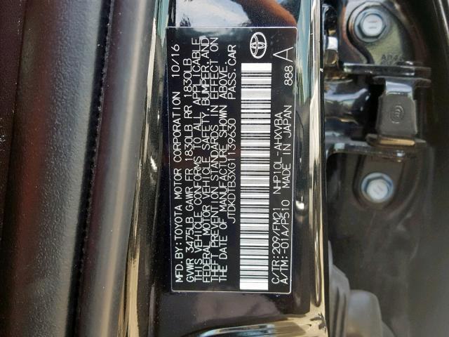 JTDKDTB3XG1139630 - 2016 TOYOTA PRIUS C BLACK photo 10