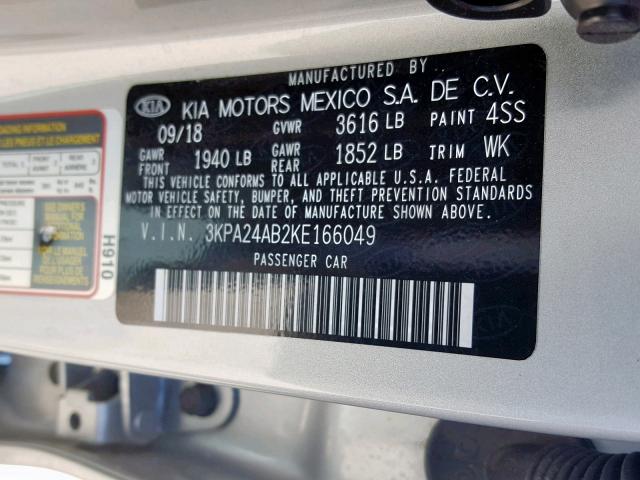 3KPA24AB2KE166049 - 2019 KIA RIO S SILVER photo 10