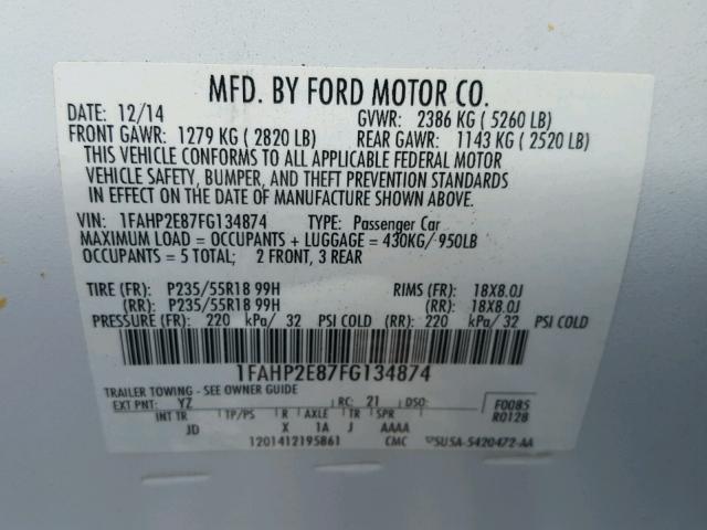 1FAHP2E87FG134874 - 2015 FORD TAURUS SEL WHITE photo 10