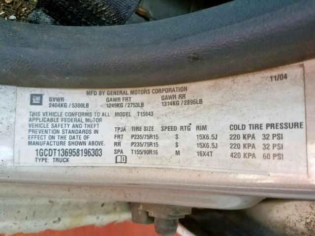 1GCDT136958196303 - 2005 CHEVROLET COLORADO BEIGE photo 10