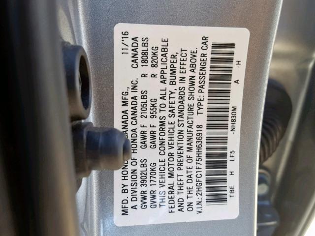 2HGFC1F75HH636918 - 2017 HONDA CIVIC EXL SILVER photo 10