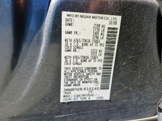 1N6AD07U19C410140 - 2009 NISSAN FRONTIER C GRAY photo 10