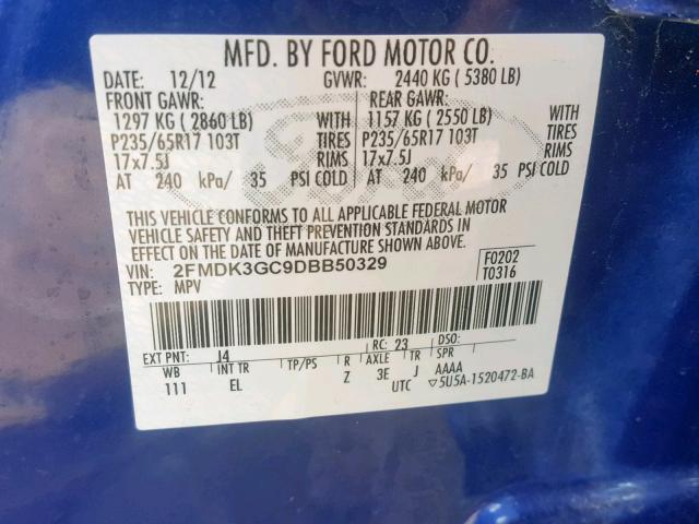 2FMDK3GC9DBB50329 - 2013 FORD EDGE SE BLUE photo 10