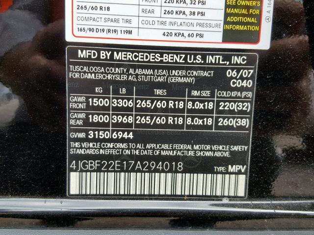 4JGBF22E17A294018 - 2007 MERCEDES-BENZ GL 320 CDI BLACK photo 10