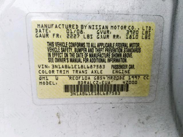 3N1AB61E18L687583 - 2008 NISSAN SENTRA 2.0 WHITE photo 10