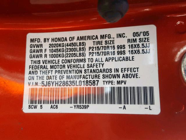 5J6YH28635L018587 - 2005 HONDA ELEMENT EX ORANGE photo 10