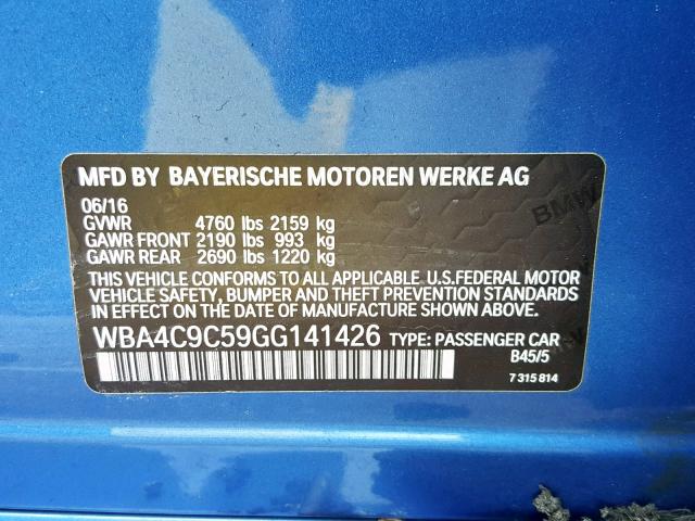 WBA4C9C59GG141426 - 2016 BMW 428 XI BLUE photo 10