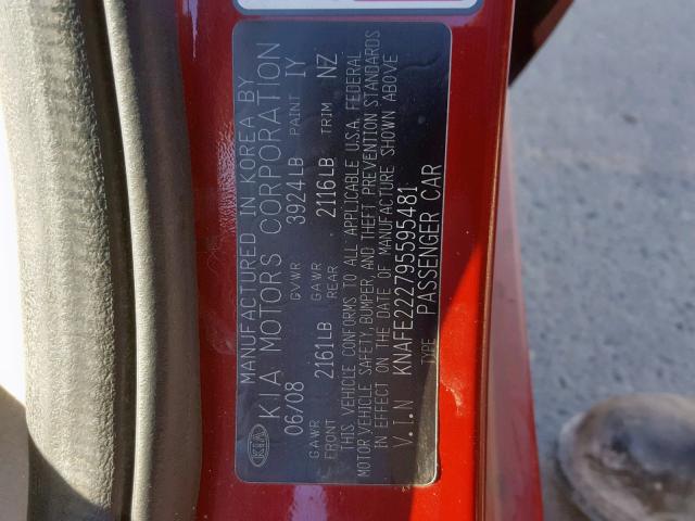 KNAFE222795595481 - 2009 KIA SPECTRA EX RED photo 10