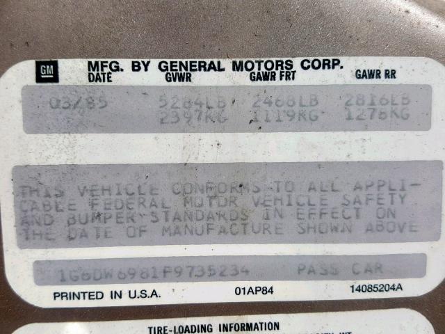 1G6DW6981F9735234 - 1985 CADILLAC FLEETWOOD TAN photo 10