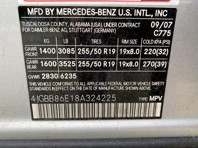 4JGBB86E18A324225 - 2008 MERCEDES-BENZ ML 350 SILVER photo 10