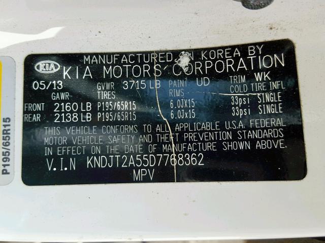 KNDJT2A55D7768362 - 2013 KIA SOUL WHITE photo 10