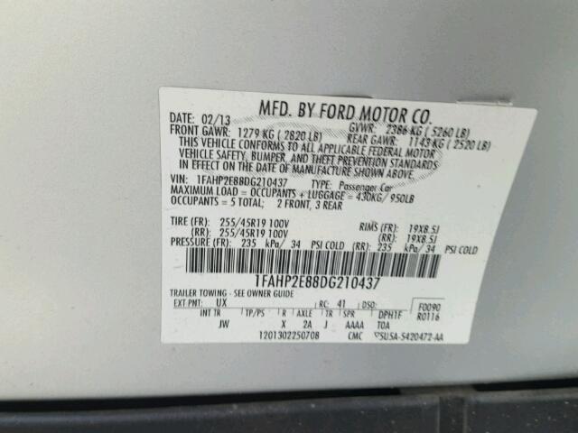 1FAHP2E88DG210437 - 2013 FORD TAURUS SEL SILVER photo 10