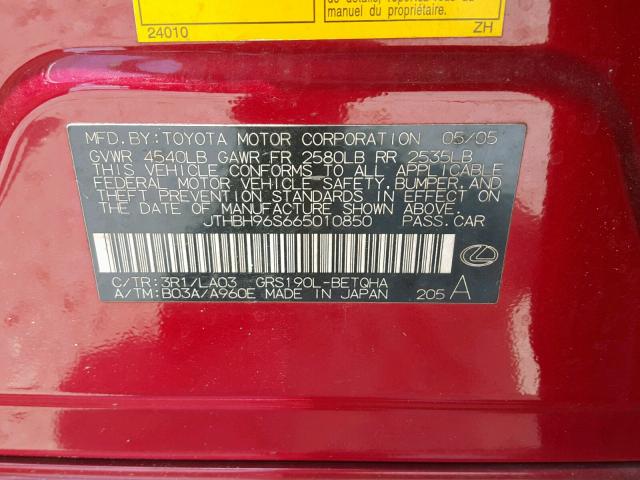 JTHBH96S665010850 - 2006 LEXUS GS 300 RED photo 10