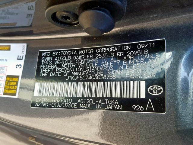 JTKJF5C74C3028758 - 2012 TOYOTA SCION TC GRAY photo 10