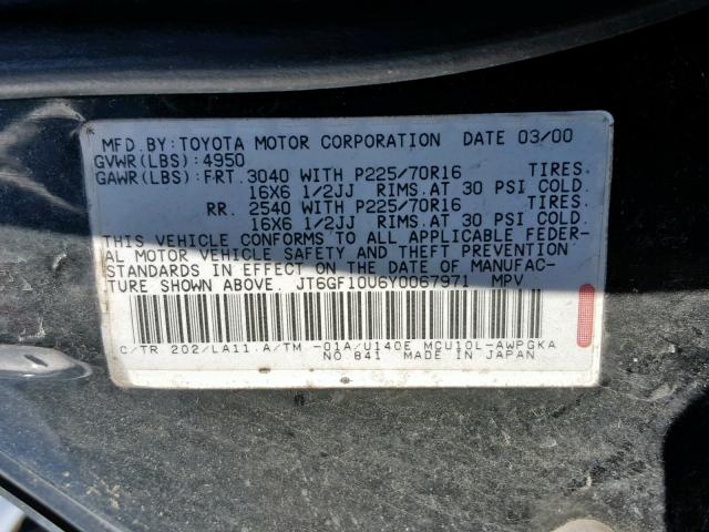 JT6GF10U6Y0067971 - 2000 LEXUS RX 300 BLACK photo 10