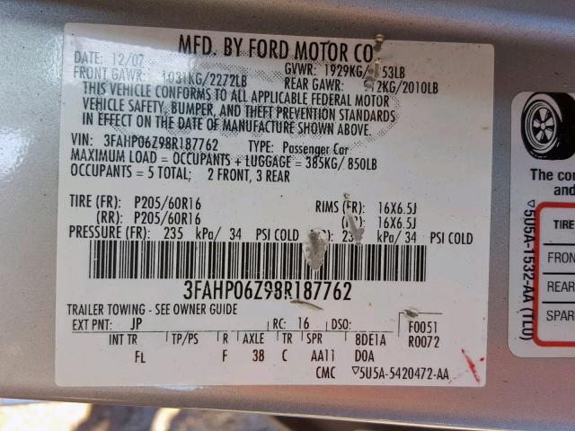 3FAHP06Z98R187762 - 2008 FORD FUSION S SILVER photo 10