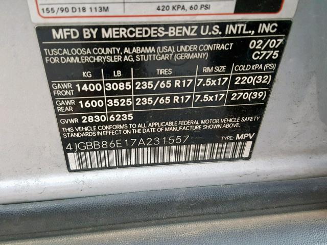 4JGBB86E17A231557 - 2007 MERCEDES-BENZ ML 350 SILVER photo 10