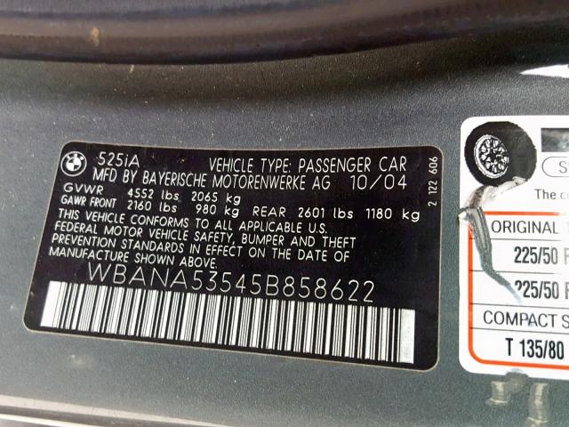 WBANA53545B858622 - 2005 BMW 525 I GRAY photo 10