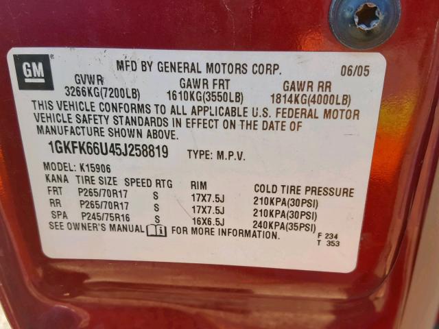 1GKFK66U45J258819 - 2005 GMC YUKON XL D RED photo 10