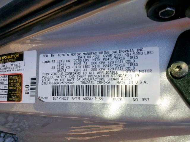 5TETX62NX8Z572502 - 2008 TOYOTA TACOMA PRE SILVER photo 10