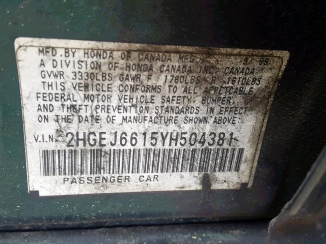 2HGEJ6615YH504381 - 2000 HONDA CIVIC BASE 绿色 照片 10