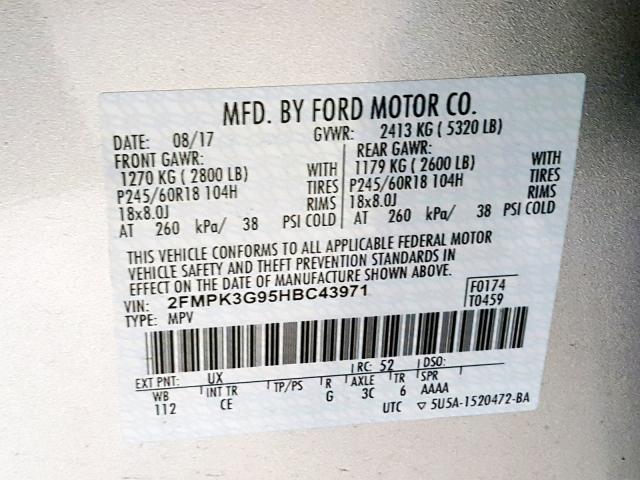 2FMPK3G95HBC43971 - 2017 FORD EDGE SE SILVER photo 10