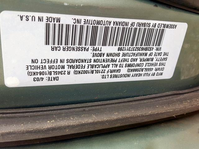 4S3BH635237311288 - 2003 SUBARU LEGACY L GREEN photo 10