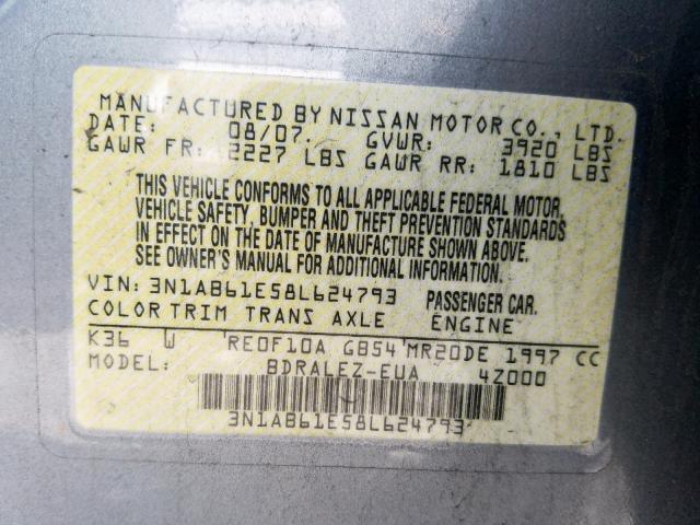 3N1AB61E58L624793 - 2008 NISSAN SENTRA 2.0 GRAY photo 10