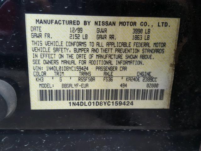 1N4DL01D8YC159424 - 2000 NISSAN ALTIMA XE BLACK photo 10