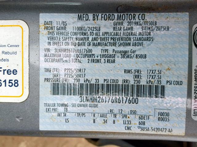 3LNHM26176R617600 - 2006 LINCOLN ZEPHYR GRAY photo 10