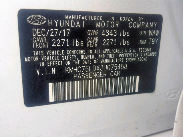 KMHC75LDXJU075458 - 2018 HYUNDAI IONIQ LIMI WHITE photo 10