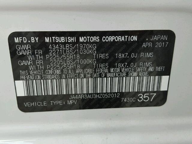 JA4AR3AU3HZ052012 - 2017 MITSUBISHI OUTLANDER WHITE photo 10