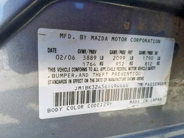 JM1BK324561494444 - 2006 MAZDA 3 S CHARCOAL photo 10