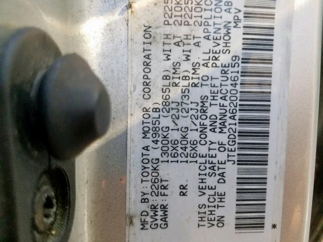 JTEGD21A620046159 - 2002 TOYOTA HIGHLANDER SILVER photo 10