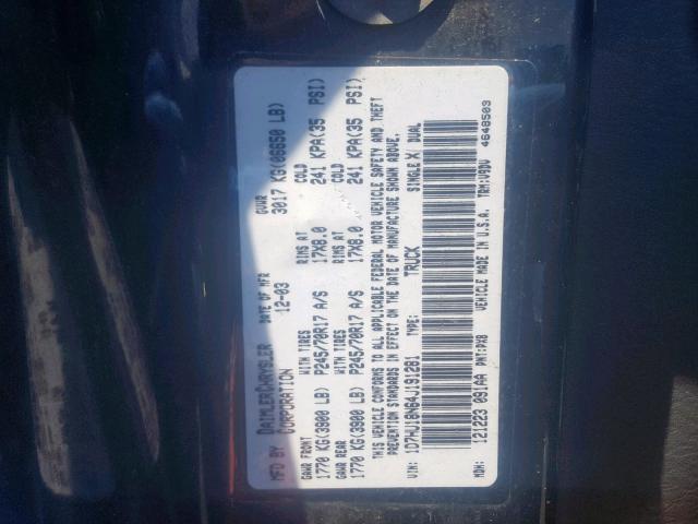 1D7HU18N64J191281 - 2004 DODGE RAM 1500 S BLACK photo 10