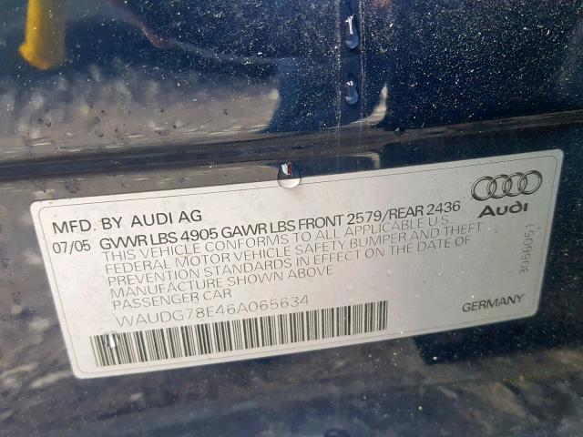 WAUDG78E46A065634 - 2006 AUDI A4 3.2 QUA BLUE photo 10