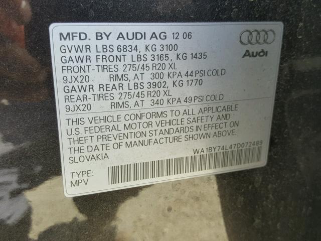 WA1BY74L47D072489 - 2007 AUDI Q7 3.6 QUA BLACK photo 10